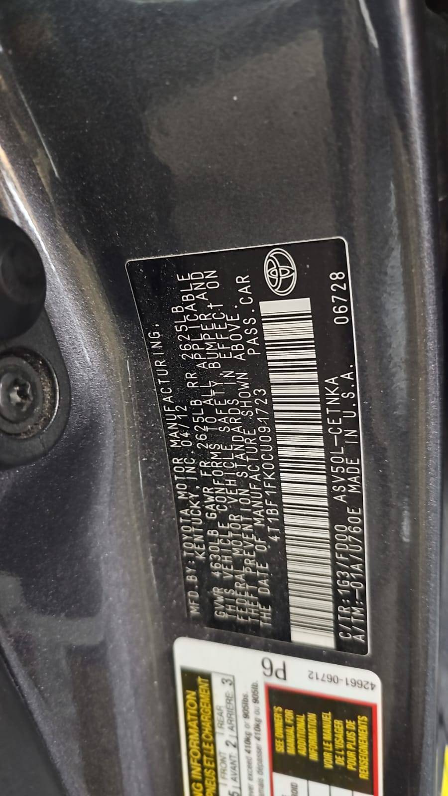 2012 TOYOTA CAMRY — 190046 Miles — Lot U091723 — Souq - Marhaba Auctions Used Cars - Image 7