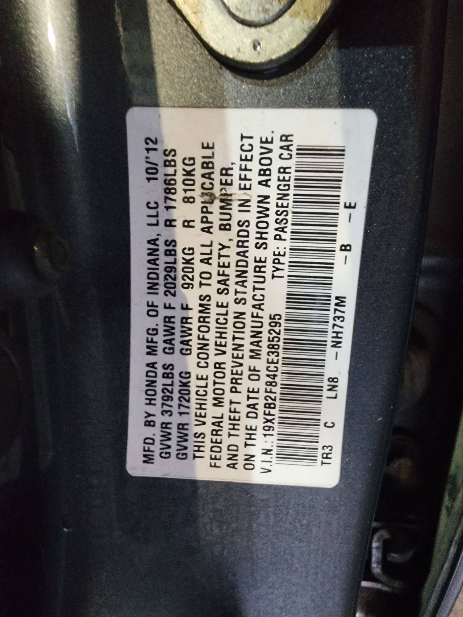 2012 HONDA CIVIC — 250868 Miles — Lot 85295 — Al Quoz - Marhaba Auctions Used Cars - Image 11