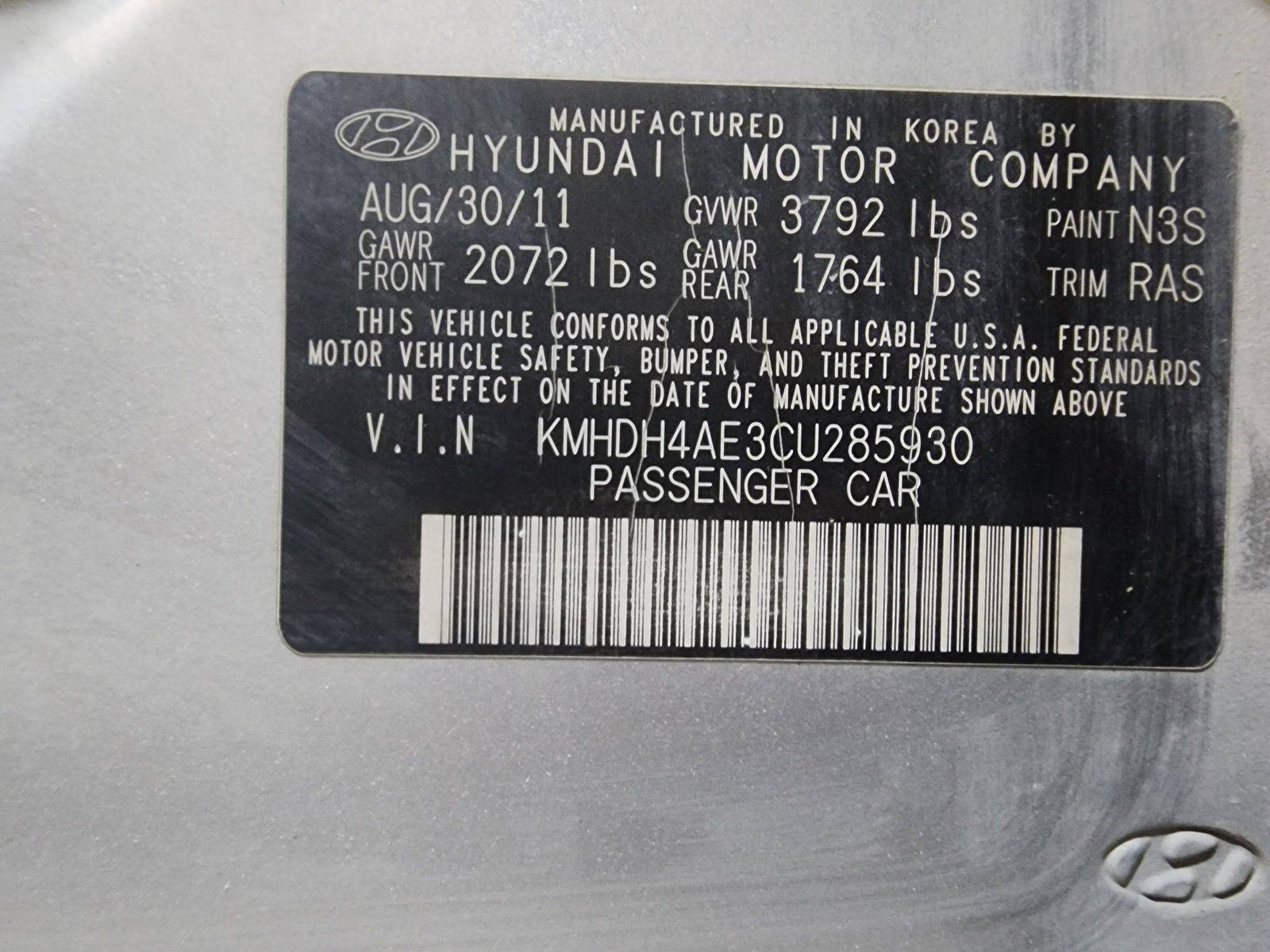 2012 HYUNDAI ELANTRA — 283458 Miles — Lot 285930 — Al Quoz - Marhaba Auctions Used Cars - Image 10
