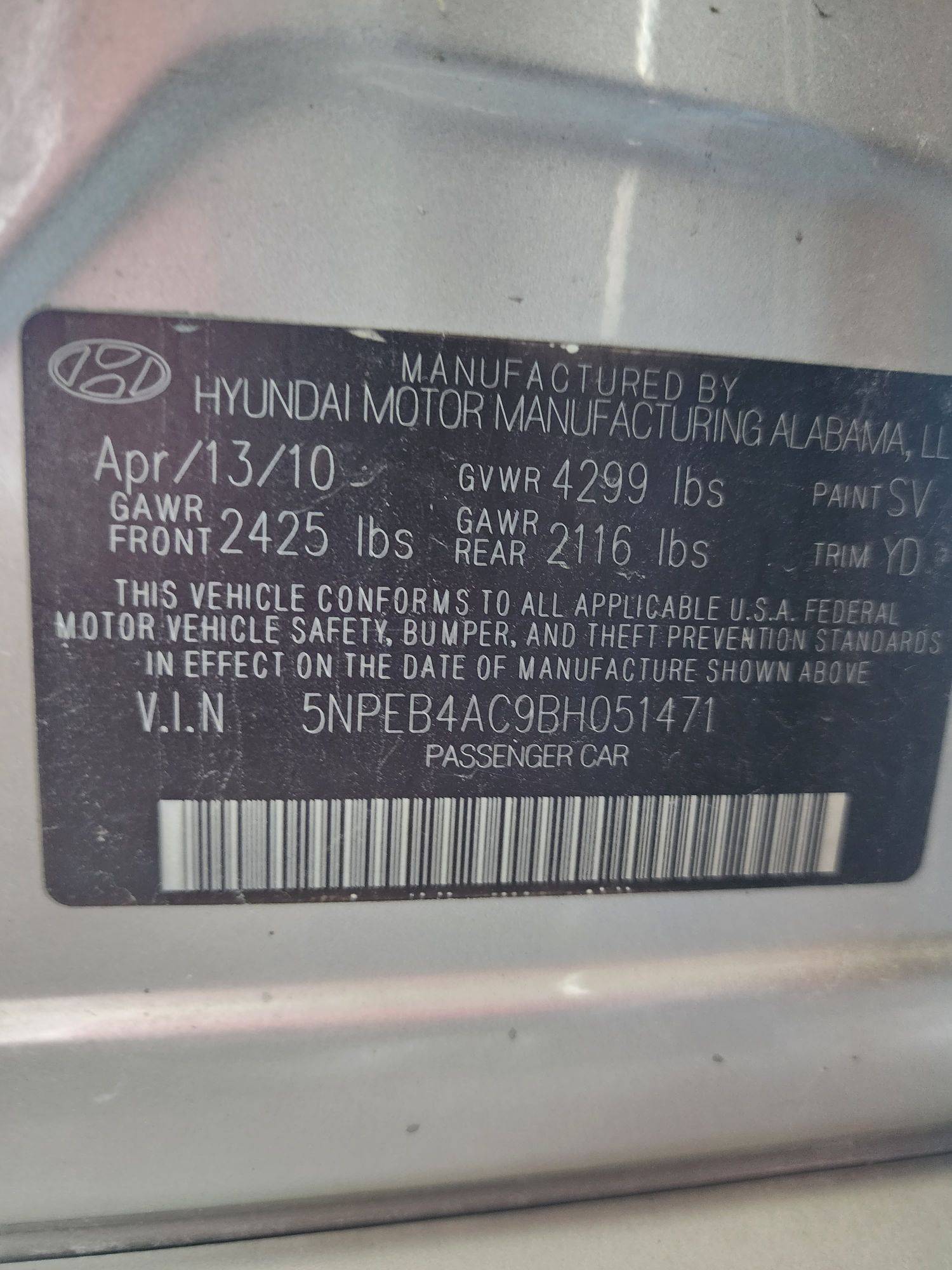 2011 HYUNDAI SONATA — 186636 Miles — Lot 36919707 - Marhaba Auctions Used Cars - Image 3