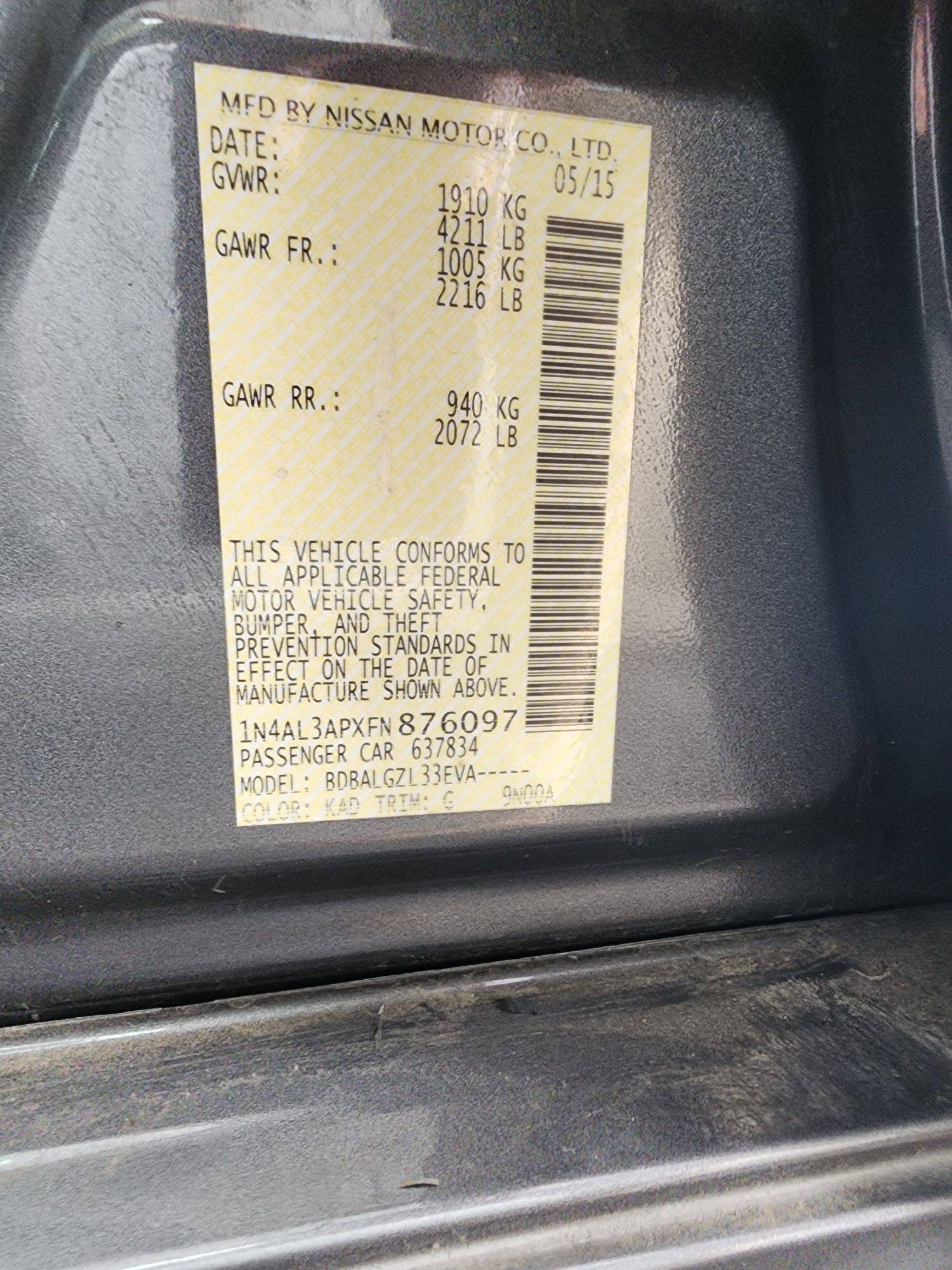 2015 NISSAN ALTIMA — 186088 Miles — Lot 76097 — Souq - Marhaba Auctions Used Cars - Image 9