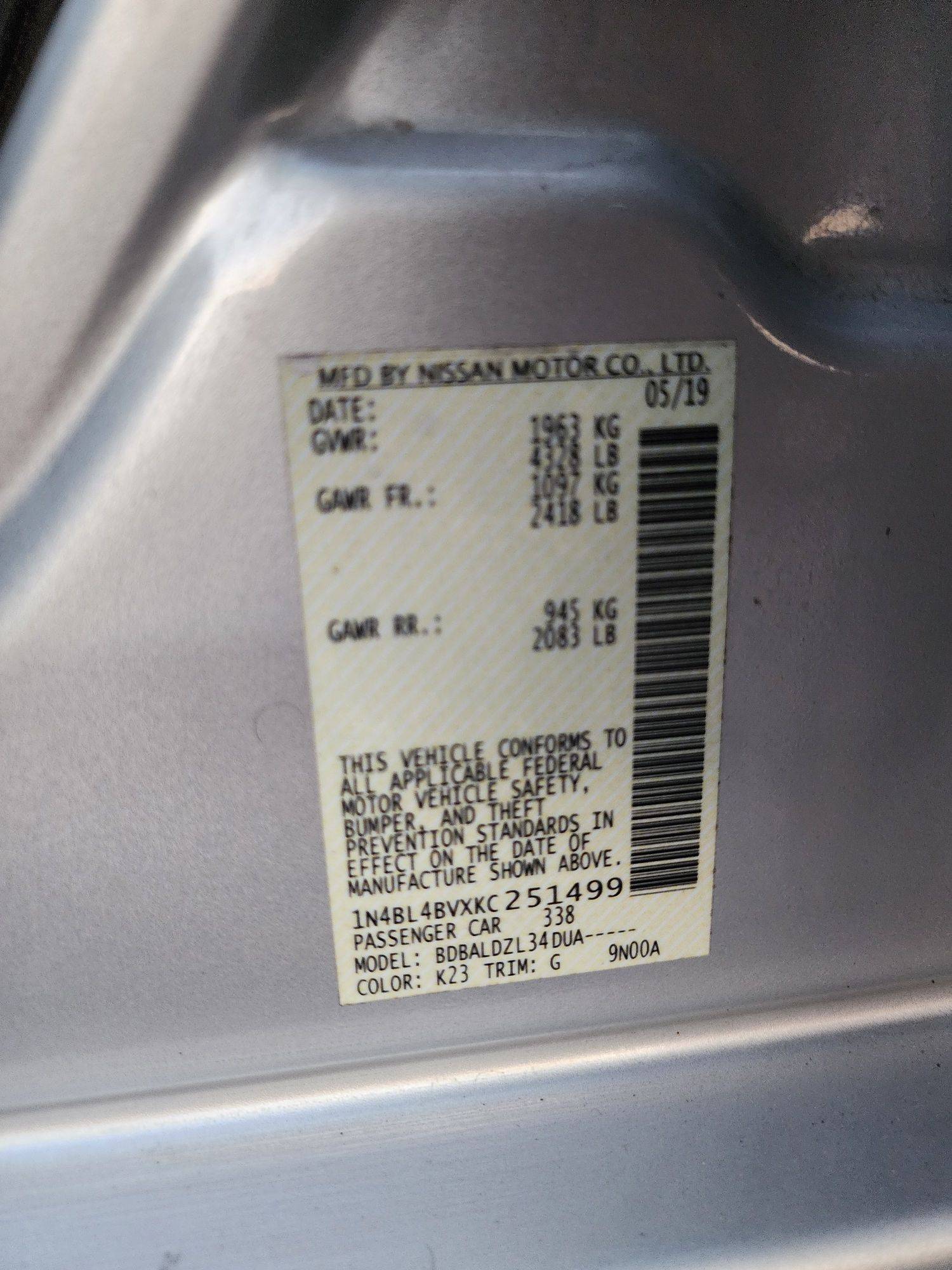 2019 NISSAN ALTIMA — 150272 Miles — Lot 51499 — Main - Marhaba Auctions Used Cars - Image 9