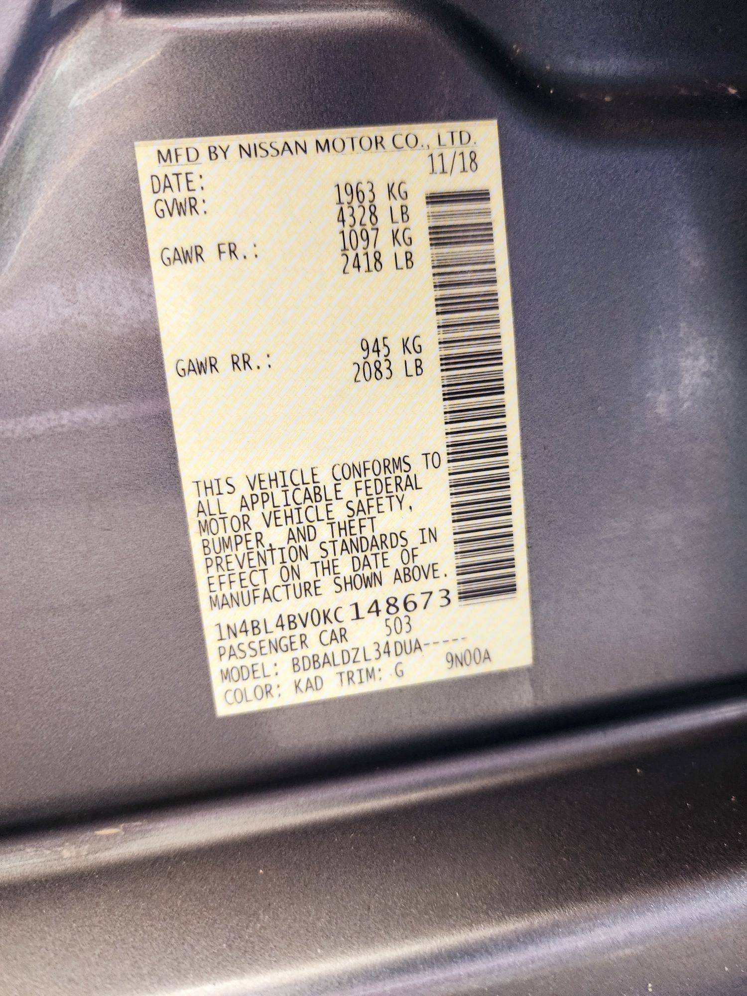 2019 NISSAN ALTIMA — 121256 Miles — Lot 79674044 — Souq - Marhaba Auctions Used Cars - Image 9