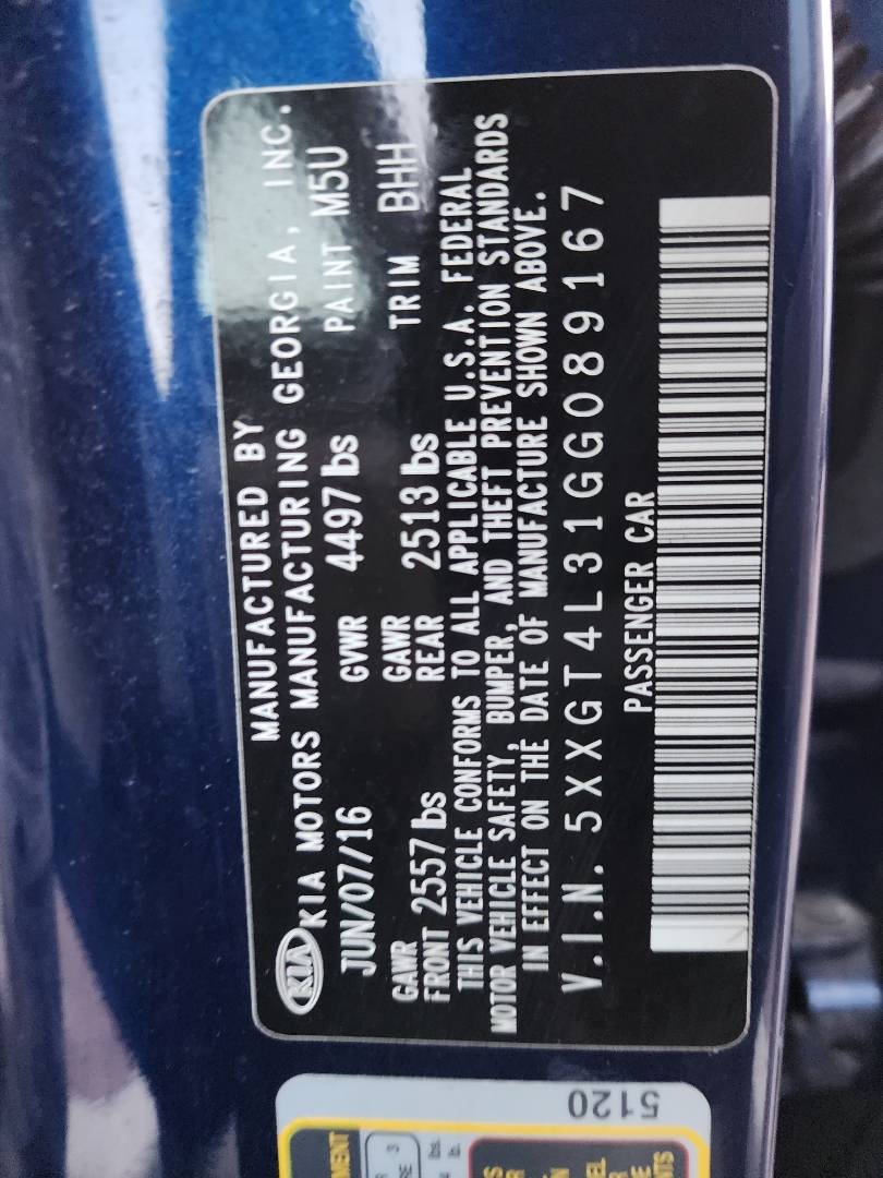 2016 KIA OPTIMA — 61389 Miles — Lot G089167 - Marhaba Auctions Used Cars - Image 4