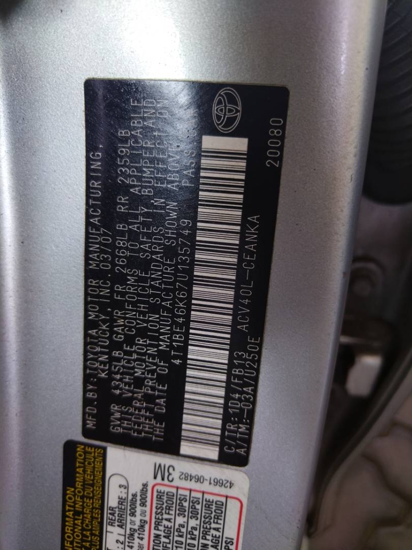 2007 TOYOTA CAMRY — 218527 Miles — Lot 69835773 - Marhaba Auctions Used Cars - Image 3