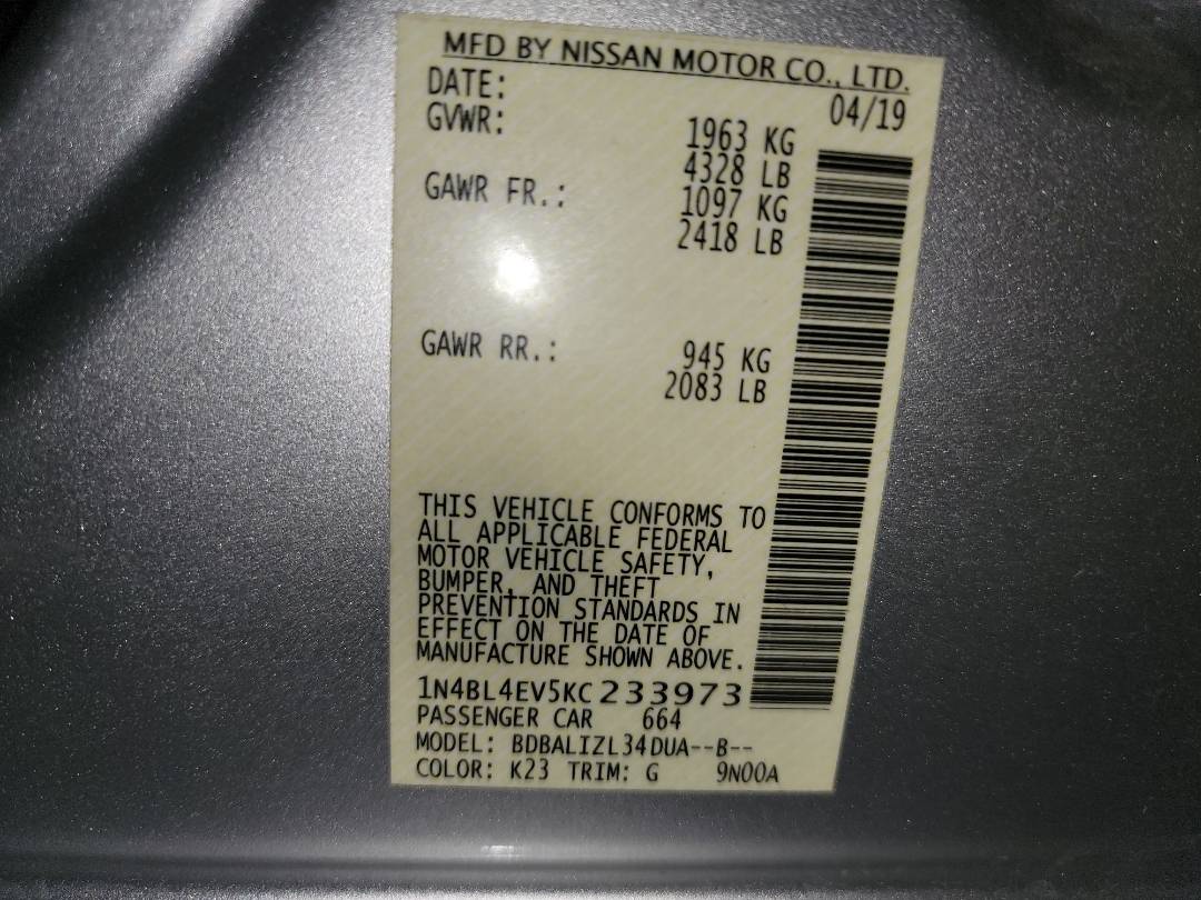 2019 NISSAN ALTIMA — 92978 Miles — Lot 233973 - Marhaba Auctions Used Cars - Image 10