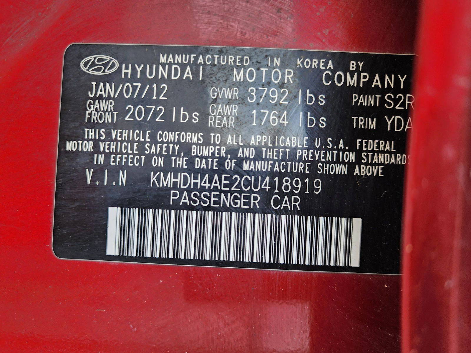 2012 HYUNDAI ELANTRA — 179394 Miles — Lot 59880824 — Al Quoz - Marhaba Auctions Used Cars - Image 11