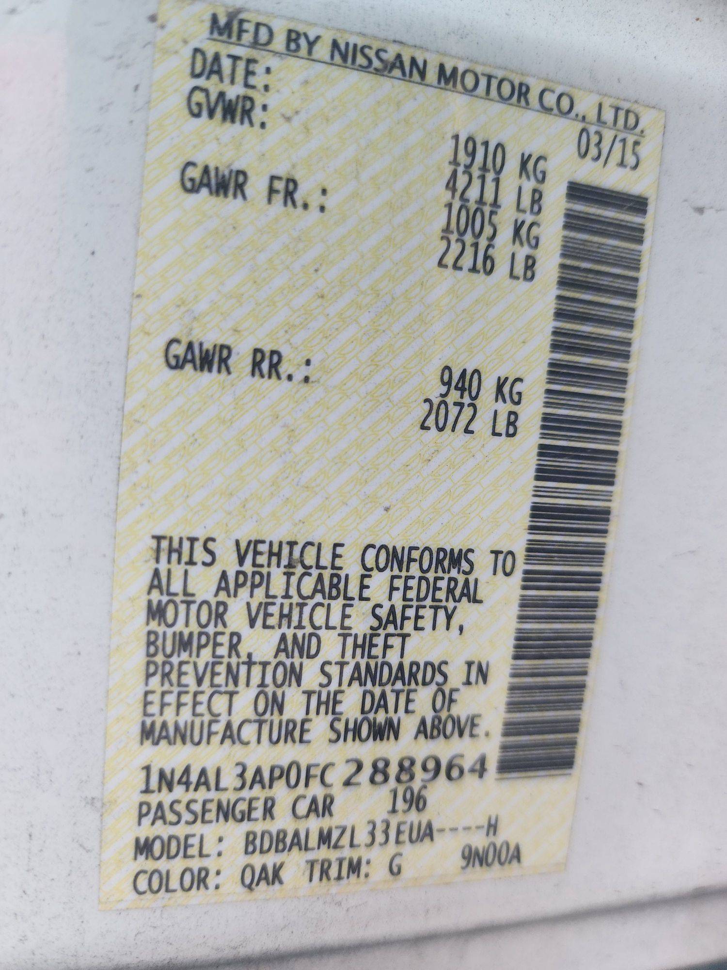 2015 NISSAN ALTIMA — 161509 Miles — Lot 62301623 - Marhaba Auctions Used Cars - Image 3