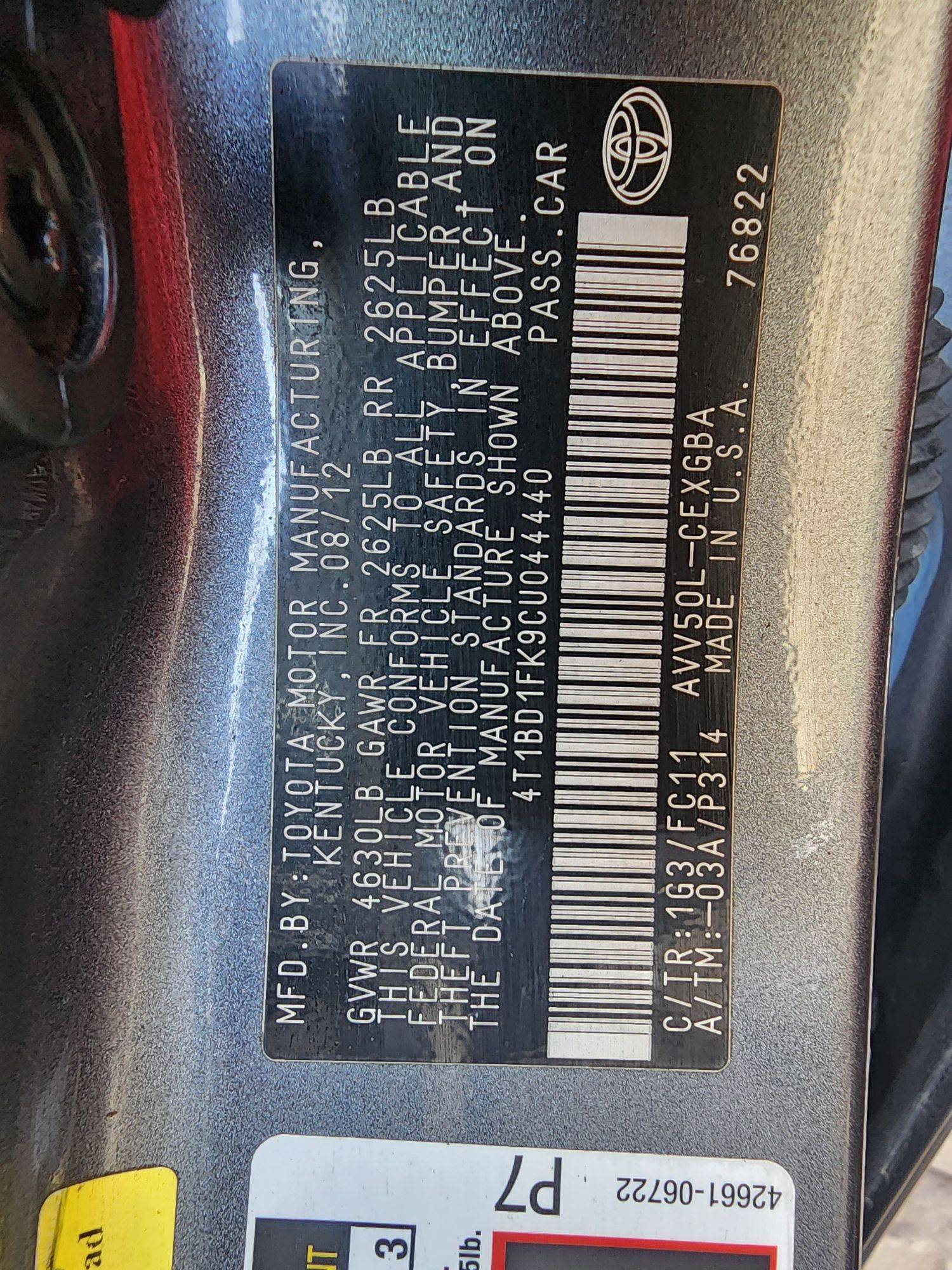 2012 TOYOTA CAMRY — 332637 Miles — Lot U044440 — Ind. 12 - Marhaba Auctions Used Cars - Image 11