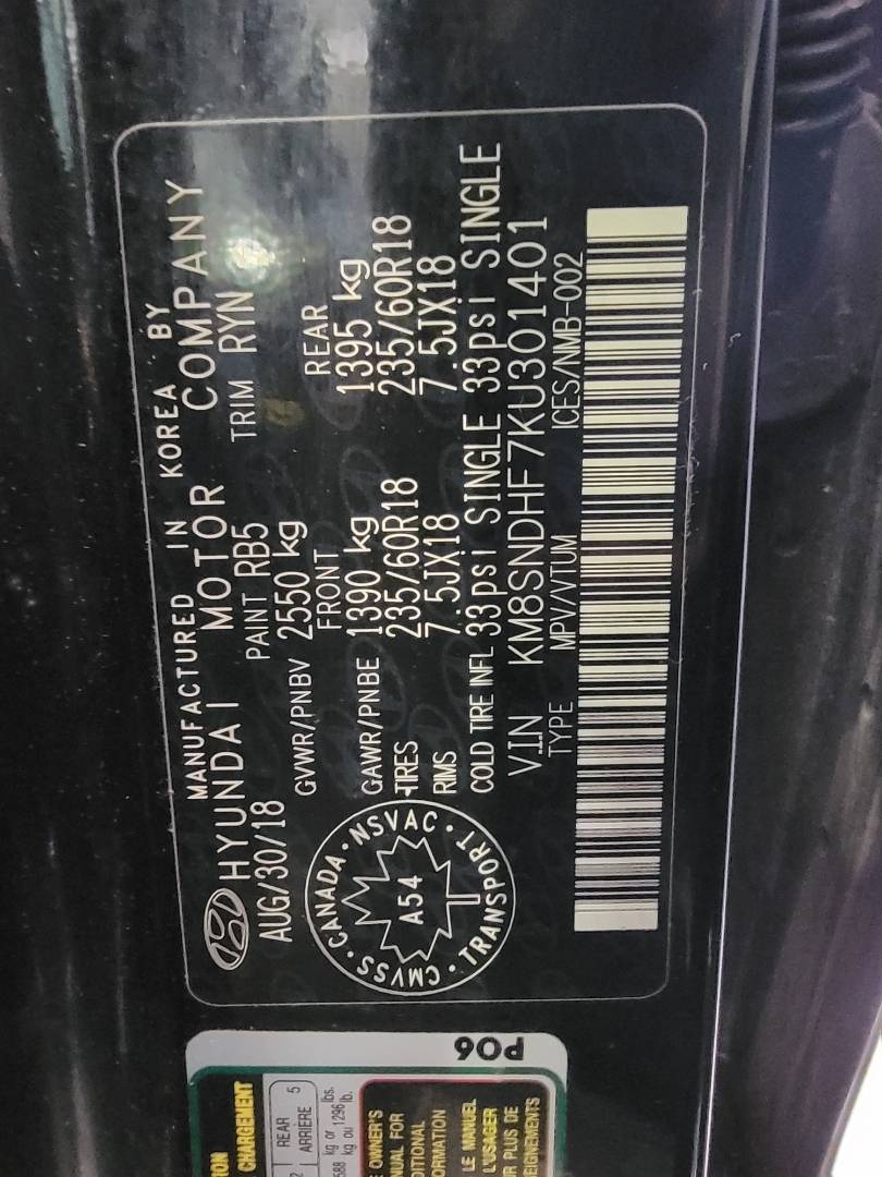 2019 HYUNDAI SANTA FE — 165234 KM — Lot KU301401 — Main - Marhaba Auctions Used Cars - Image 9