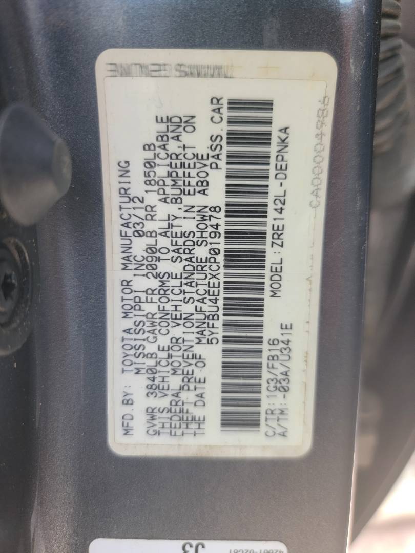 2012 TOYOTA COROLLA — 158092 Miles — Lot P019478 - Marhaba Auctions Used Cars - Image 3