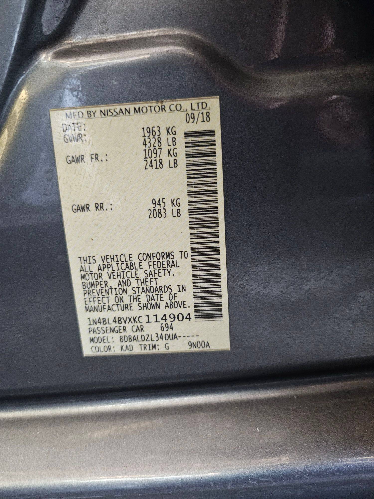2019 NISSAN ALTIMA — 120703 Miles — Lot XKC114904 — Souq - Marhaba Auctions Used Cars - Image 8