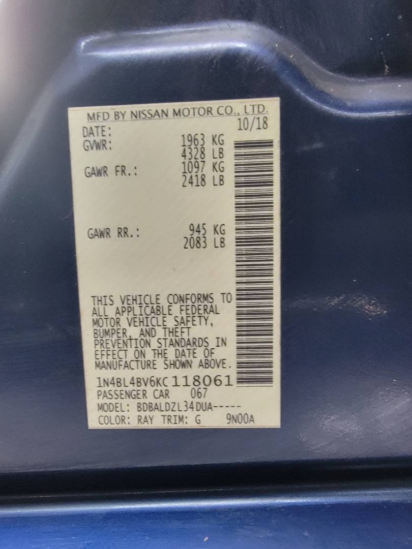 2019 NISSAN ALTIMA — 140925 Miles — Lot KC118061 — Main - Marhaba Auctions Used Cars - Image 9