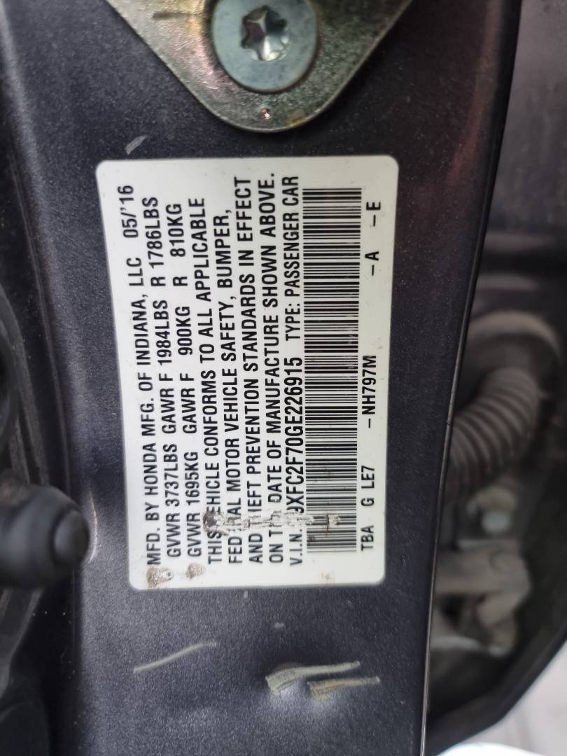 2016 HONDA CIVIC — 110481 Miles — Lot 125478 — Ind. 12 - Marhaba Auctions Used Cars - Image 10