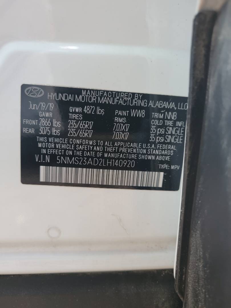 2020 HYUNDAI SANTA FE — 120312 Miles — Lot H140920 - Marhaba Auctions Used Cars - Image 9