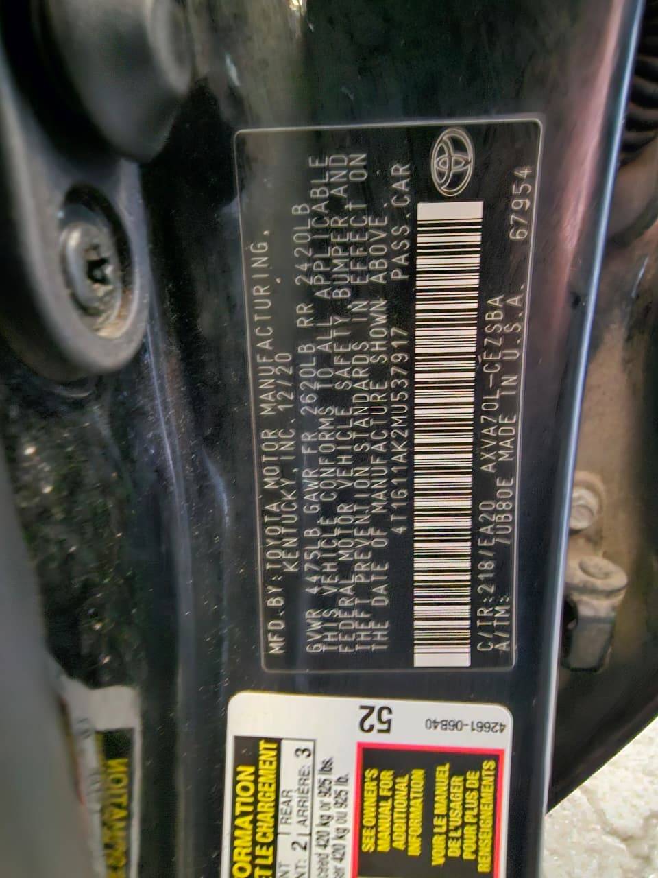 2021 TOYOTA CAMRY — 159817 Miles — Lot MU537917 — Main - Marhaba Auctions Used Cars - Image 8