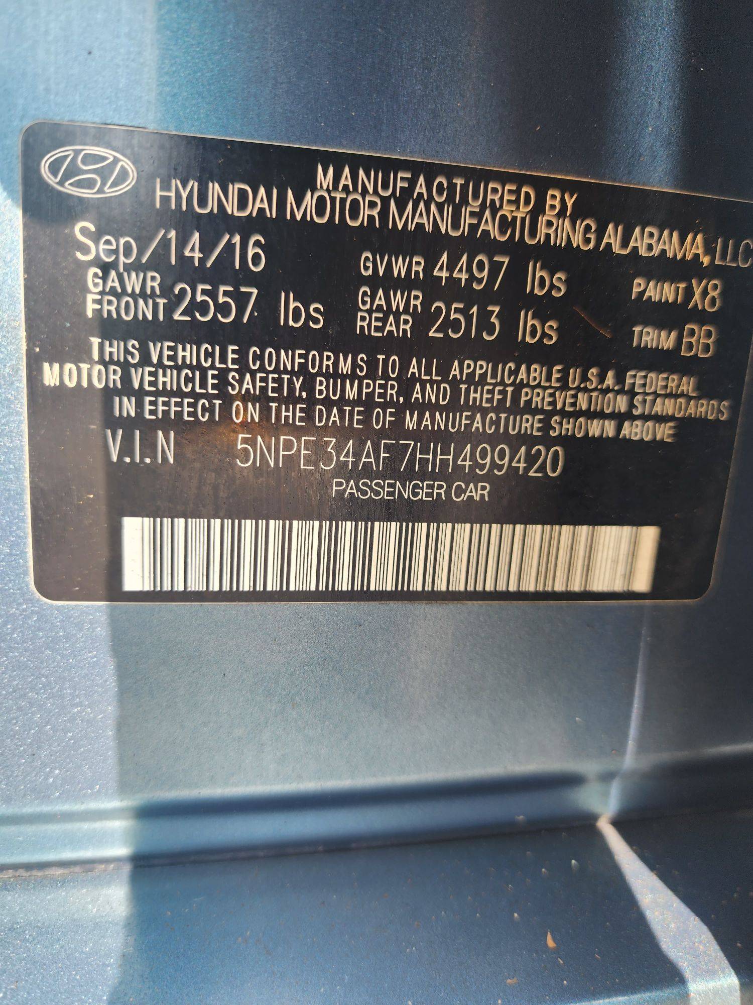 2017 HYUNDAI SONATA — 276142 Miles — Lot 68957083 - Marhaba Auctions Used Cars - Image 3