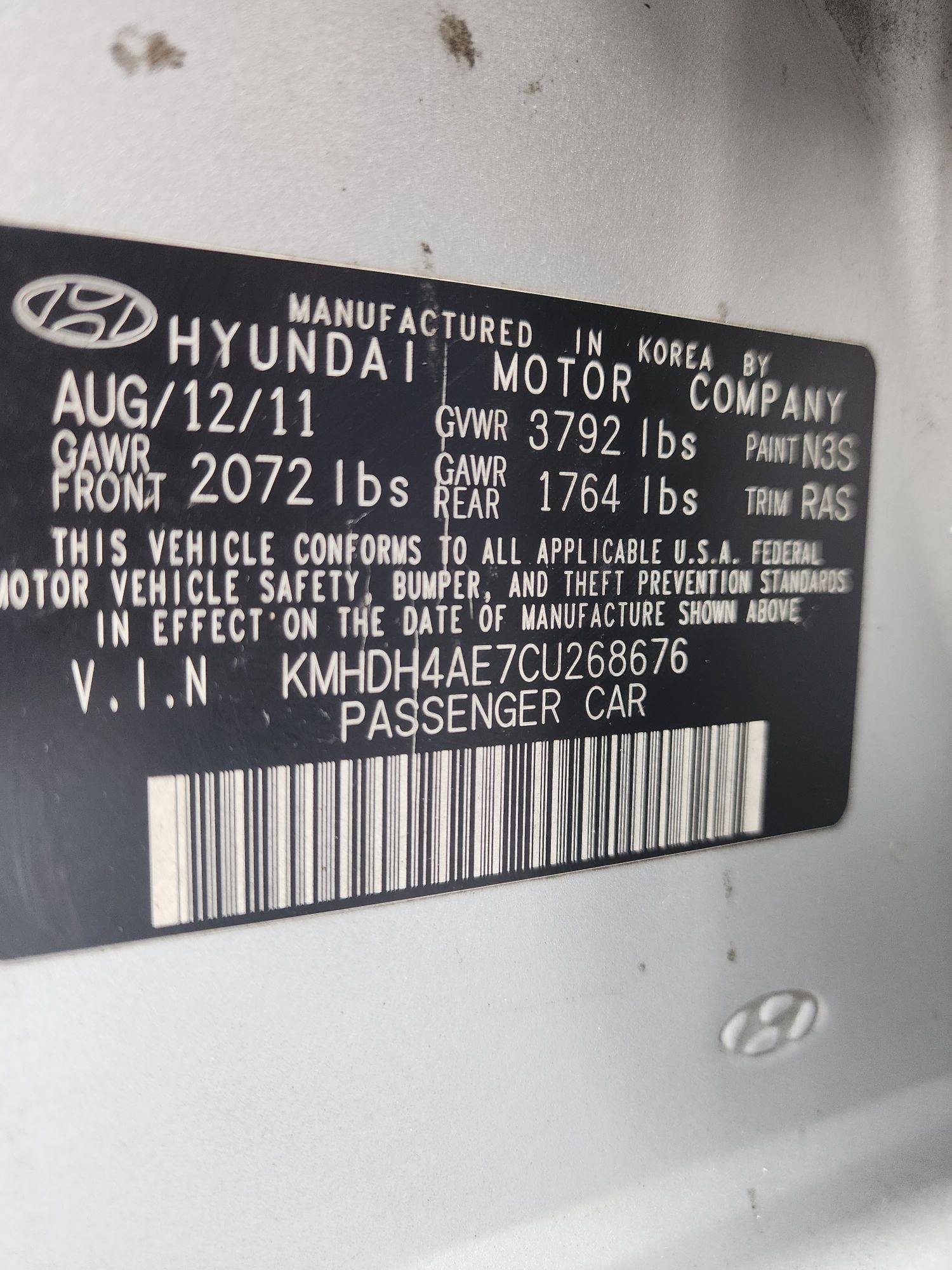2012 HYUNDAI ELANTRA — 275671 Miles — Lot 37661856 - Marhaba Auctions Used Cars - Image 3