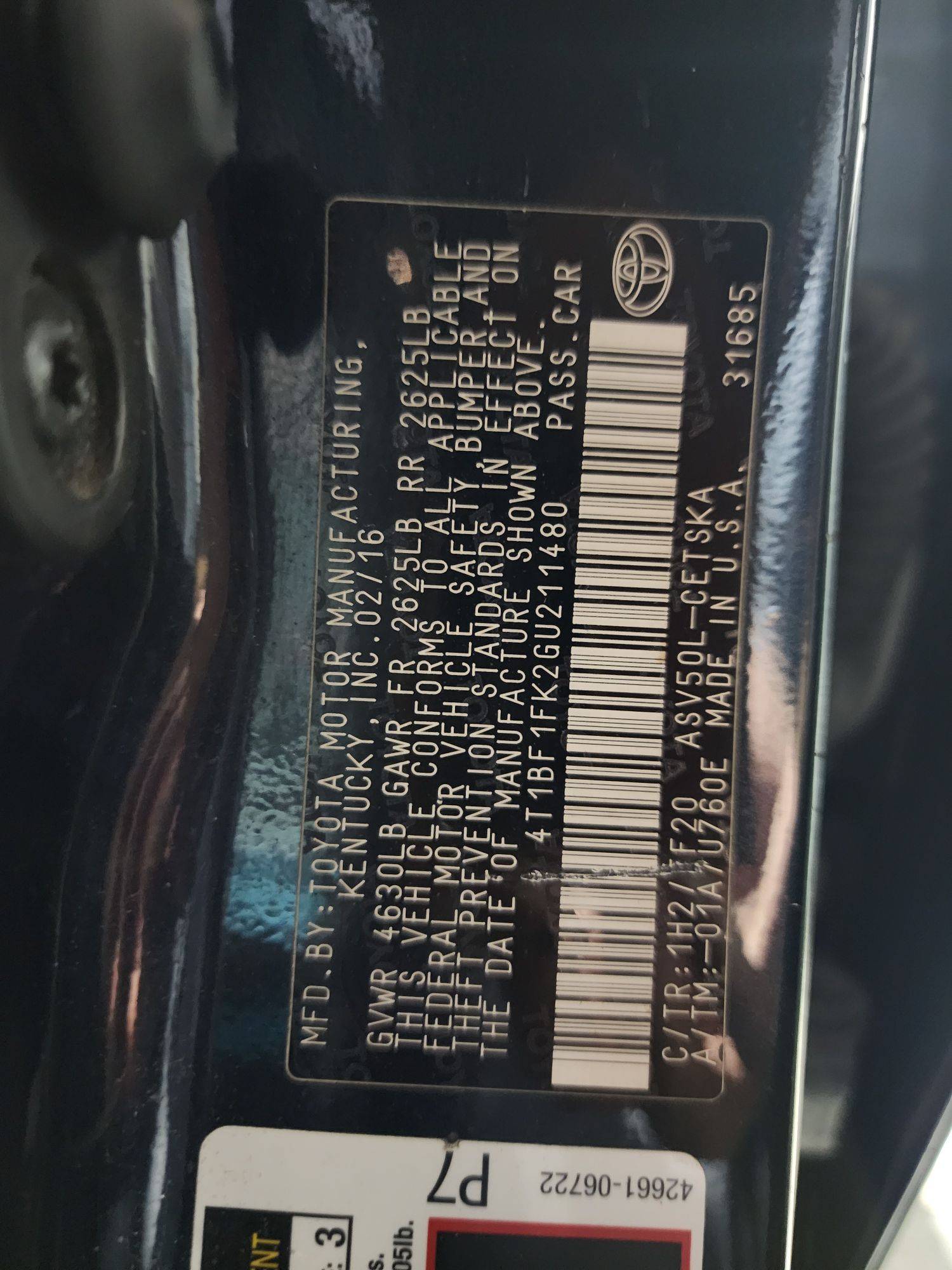 2016 TOYOTA CAMRY — 216912 Miles — Lot GU211480 — Al Quoz - Marhaba Auctions Used Cars - Image 10