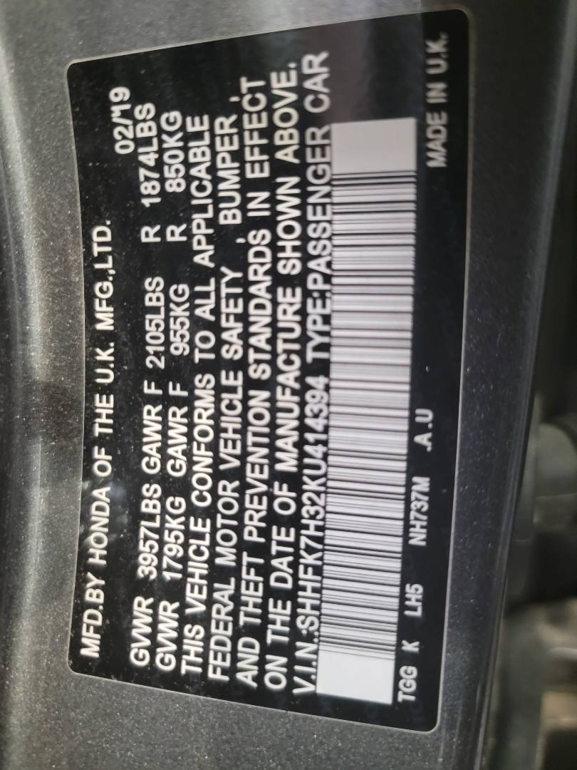 2019 HONDA CIVIC — 61040 Miles — Lot 37921886 - Marhaba Auctions Used Cars - Image 3