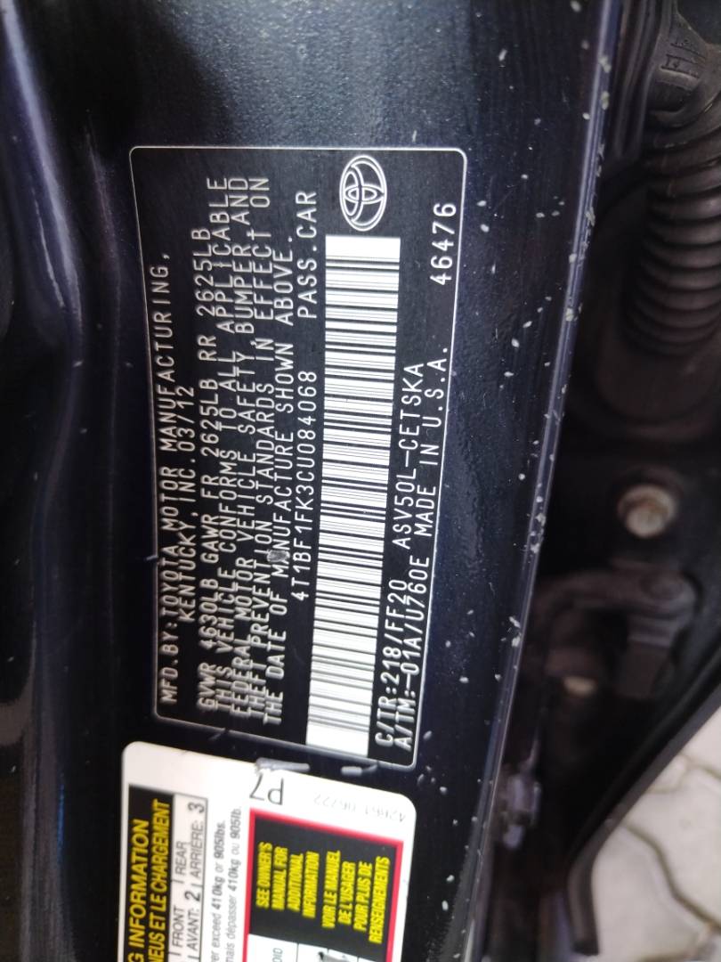 2012 TOYOTA CAMRY — 311469 Miles — Lot CU084068 - Marhaba Auctions Used Cars - Image 9