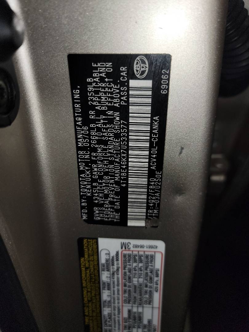 2007 TOYOTA CAMRY — 166726 Miles — Lot U533577 - Marhaba Auctions Used Cars - Image 10