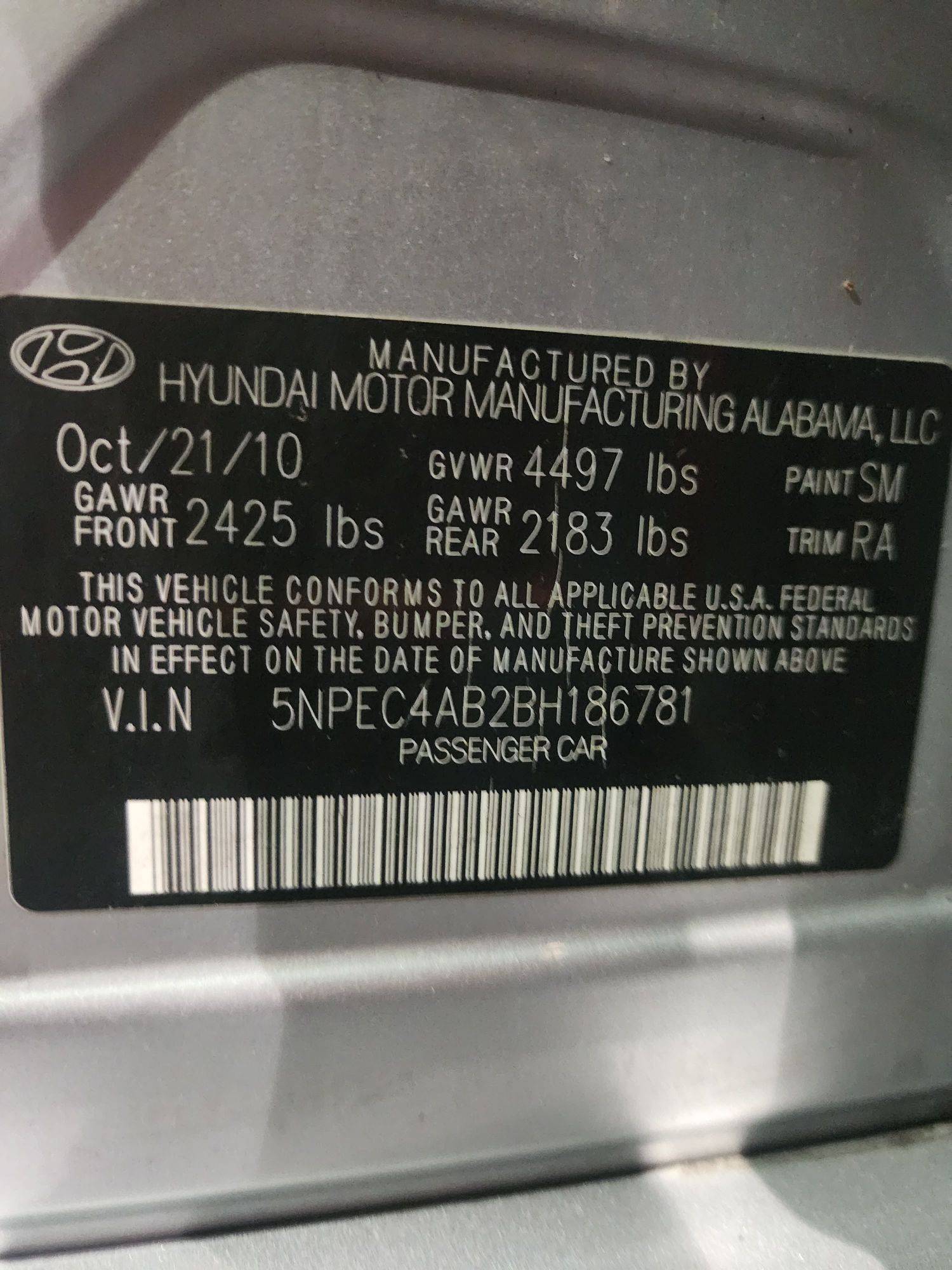 2011 HYUNDAI SONATA — 251452 Miles — Lot 37554200 - Marhaba Auctions Used Cars - Image 3