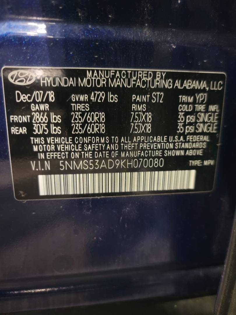 2019 HYUNDAI SANTA FE — 122854 Miles — Lot 070080 - Marhaba Auctions Used Cars - Image 13