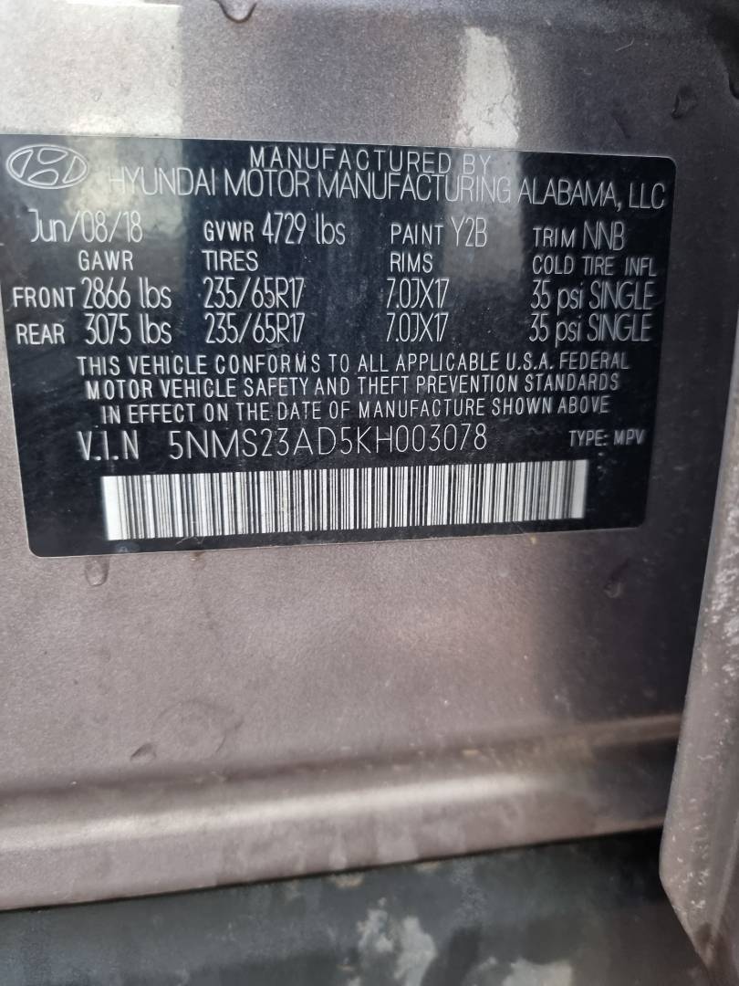 2019 HYUNDAI SANTA FE — 171675 Miles — Lot H003078 — Ind. 12 - Marhaba Auctions Used Cars - Image 8