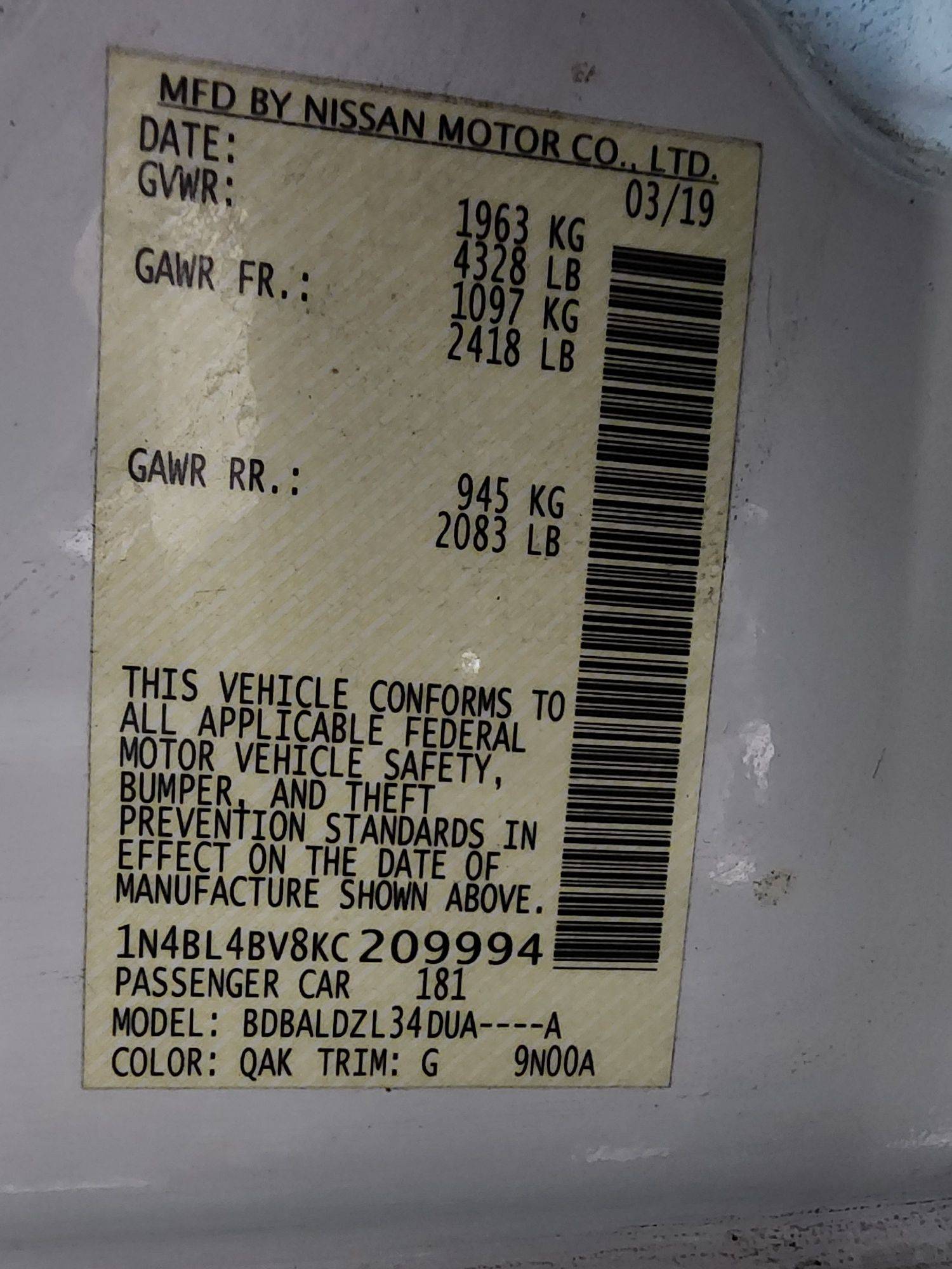 2019 NISSAN ALTIMA — 117872 Miles — Lot 80264174 — UMM RAMOOL - Marhaba Auctions Used Cars - Image 10