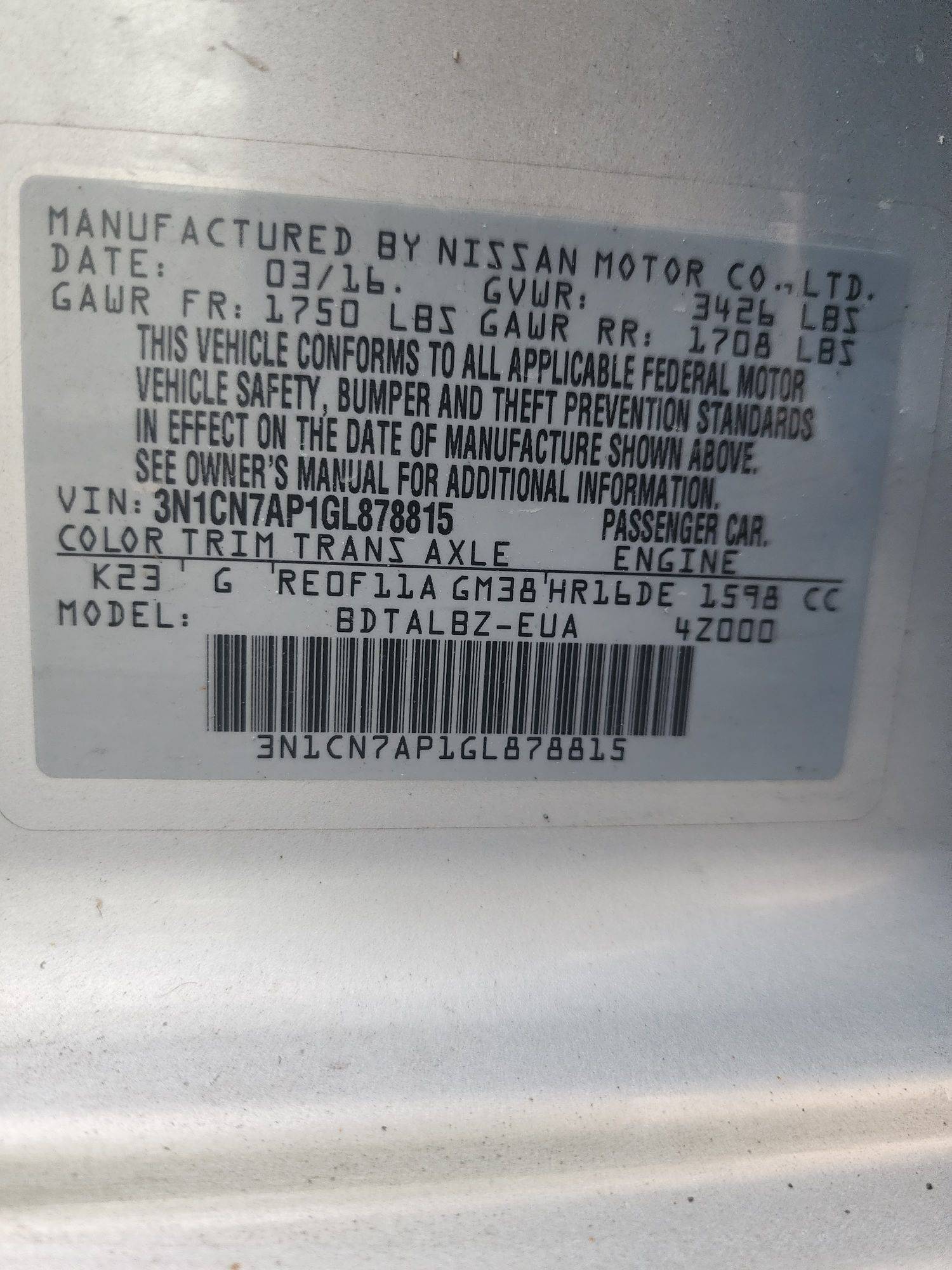 2016 NISSAN VERSA — 123580 Miles — Lot 37142147 - Marhaba Auctions Used Cars - Image 3